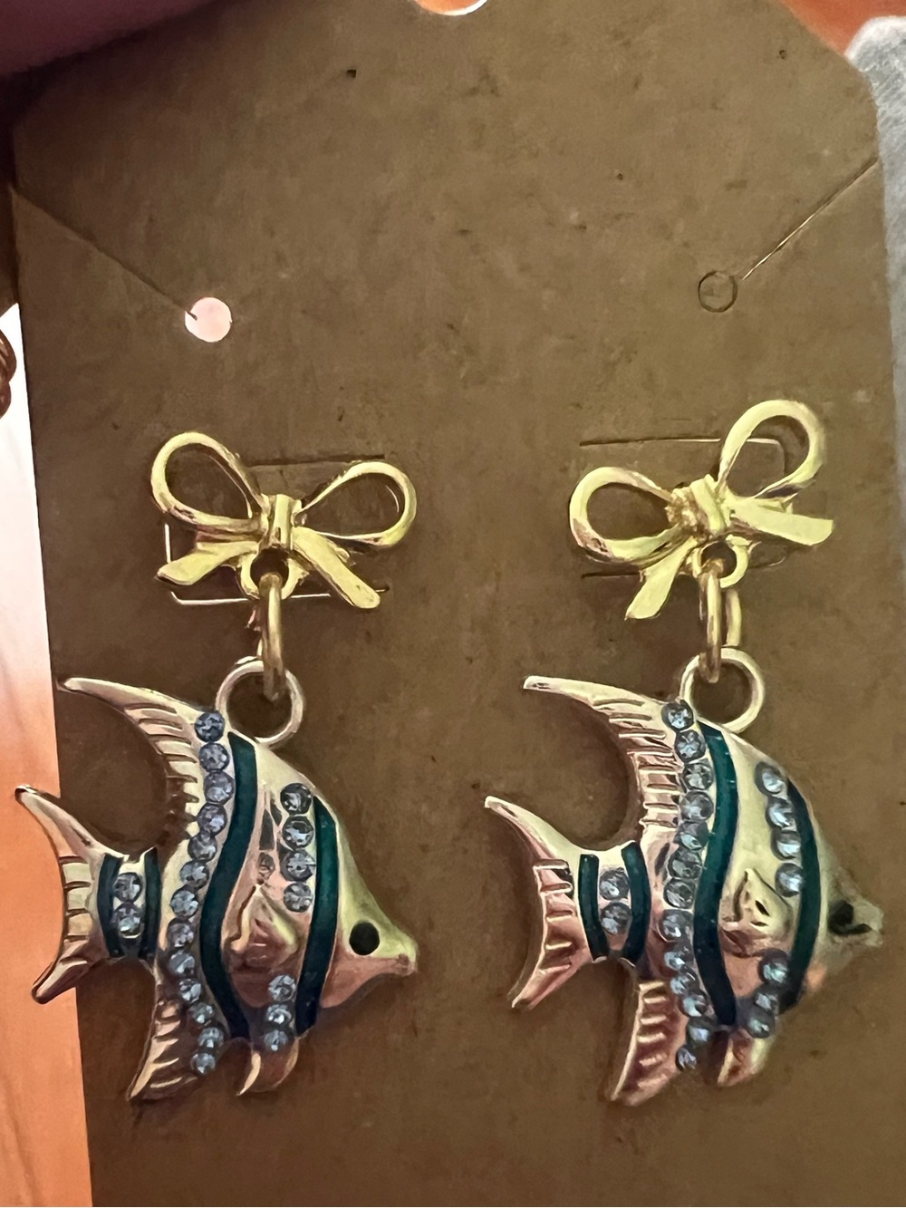 Gold Bow Fish Dangle Earrings - Blue & Gold Fish Design